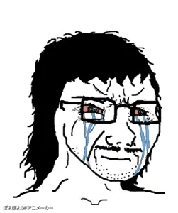 matchajаk, angry, animated, black hair, bloodshot eyes, closed mouth, crying, glasses, hair, jump