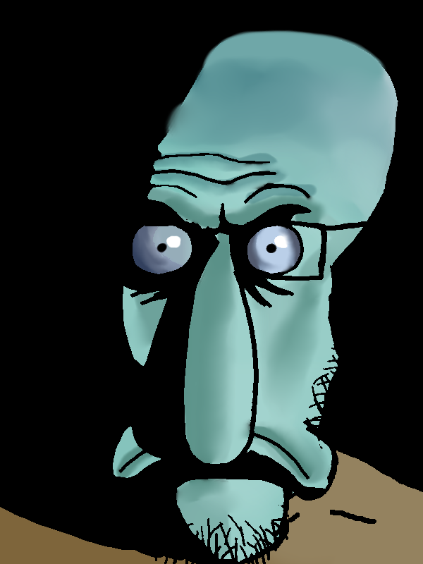 squidward tentacles, markiplier soyjak, angry, black background, blue skin, bnran, brown shirt, closed mouth, clothes, forehead lines