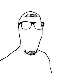 gimper, glasses, no eyebrows, no eyes, no mouth, stubble, uncolored skin, white background