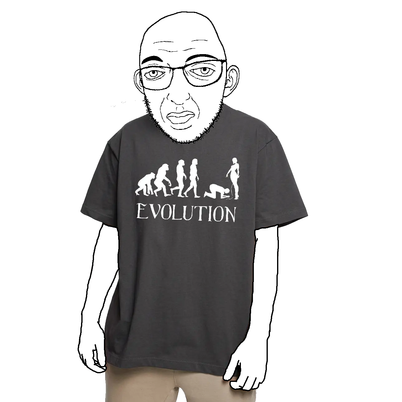 cuckjeet, 1soyjak, almost full body, black shirt, brown pants, closed mouth, evolution, femdom, femdomcuck, front view