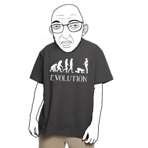 cuckjeet, 1soyjak, almost full body, black shirt, brown pants, closed mouth, evolution, femdom, femdomcuck, front view