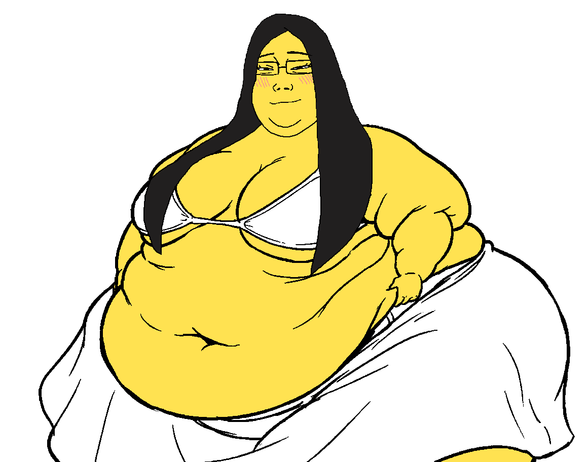 fujosoy, holding belly, bbw, belly, big belly, bikini, black hair, blush, brimstone, chin