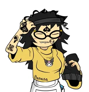 222865 - soybooru.com - asian asian_female banana beanie black_hair blush closed_mouth clothes female glasses hair hat kuromi long_hair messy_hair necklace nintendo nintendo_switch soychang soytan teeth text video_game .jpg
