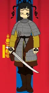 221792 - soybooru.com - armor armour arrow asian asian_female black_hair blush clothes female full_body glasses hair holding_object long_hair mongolia mongolia shoe slant_eyes soychang soytan sword symbol warrior weapon.jpg