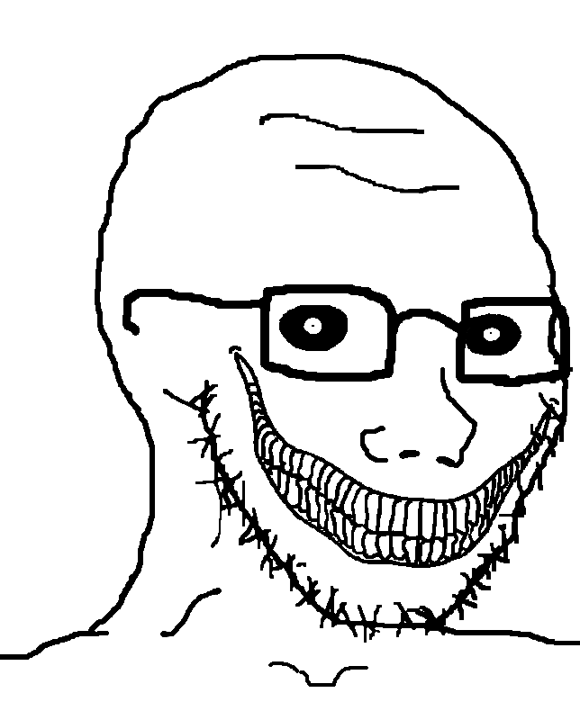 psycho wojak, wojak, soyak, coolsigma, fusionjaks, 1soyjak, bald, big smile, black sclera, closed mouth