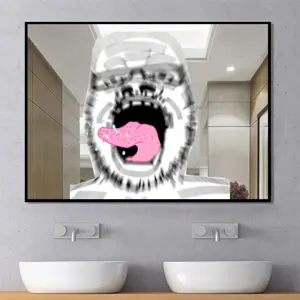 a24 slowburn soyjak, bathroom, blur, distorted, glasses, mirror, open mouth, real life, sink, soyjak
