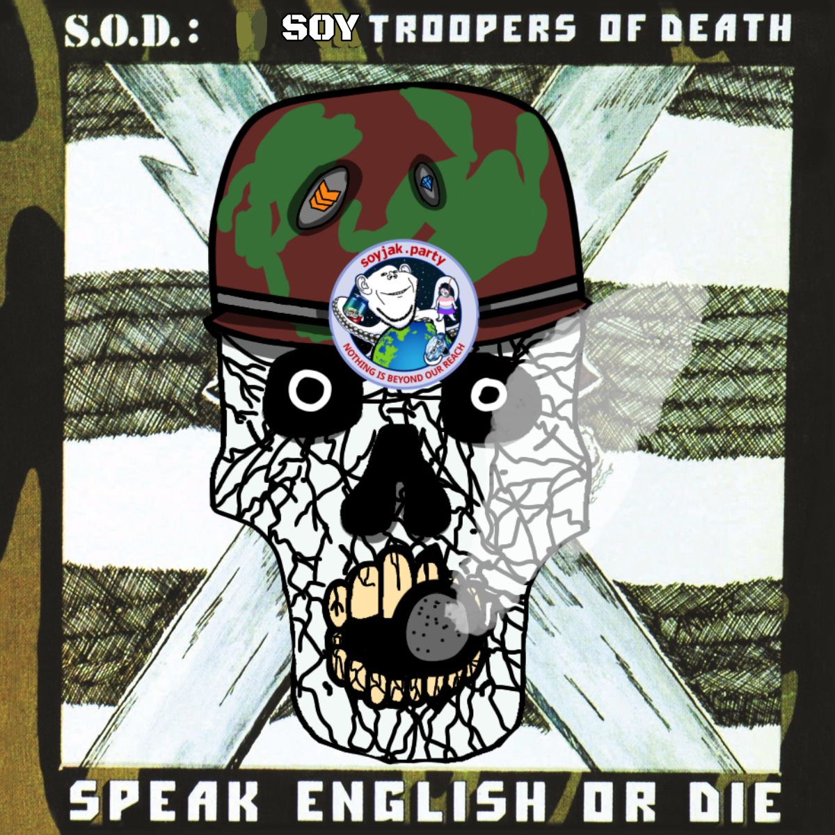 markiplier soyjak, science lover, skeletonjak, 1soyjak, bald, camouflage, combat helmet, front view, gem, looking at you