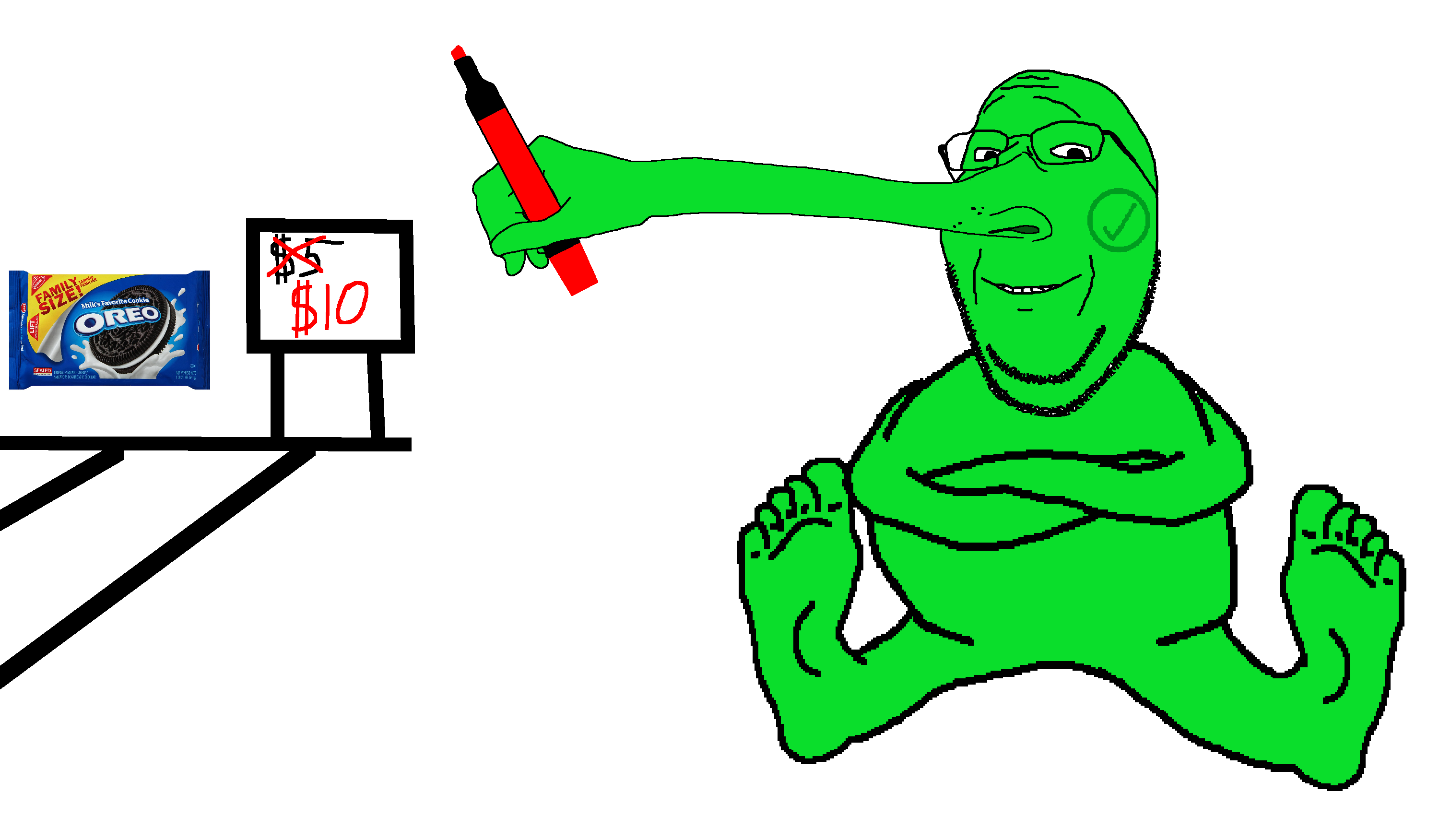 gapejak, wholesome soyjak, 1soyjak, closed mouth, dollar sign, full body, glasses, green skin, jewish nose, looking at you