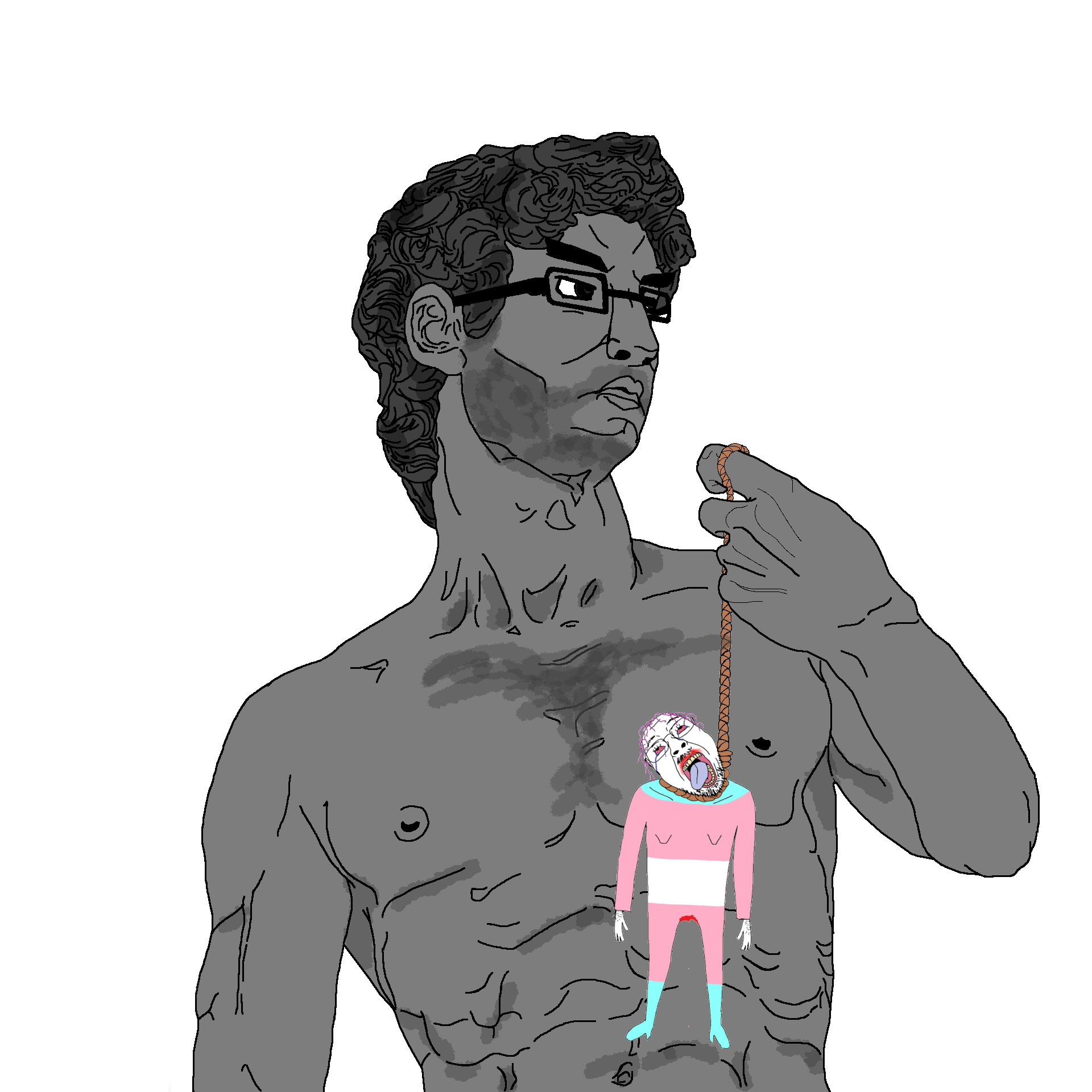 gigachad, bernd, chudjak, 2soyjaks, beard, black eyes, black hair, bloodshot eyes, buff, classical art parody