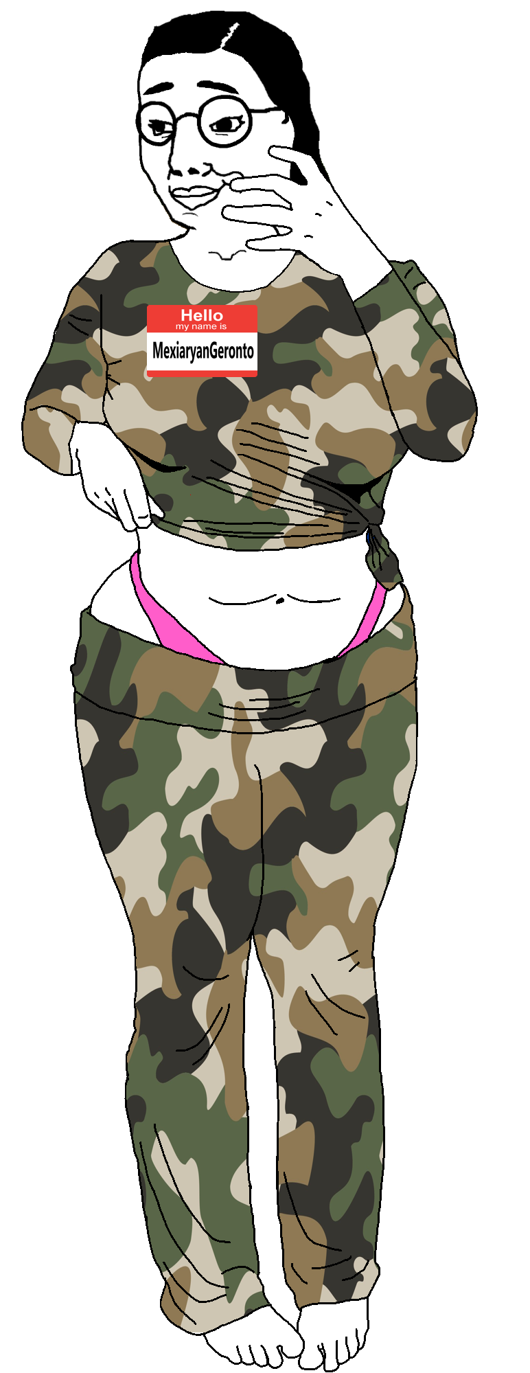 chudjak, female chudjak, pawgqueen, belly, belly button, black hair, camo, camo shirt, camouflage, feet