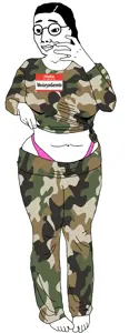 chudjak, female chudjak, pawgqueen, belly, belly button, black hair, camo, camo shirt, camouflage, feet