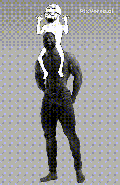 gigachad, soyak, 2soyjaks, animated, bald, beard, biceps, black hair, buff, clothes