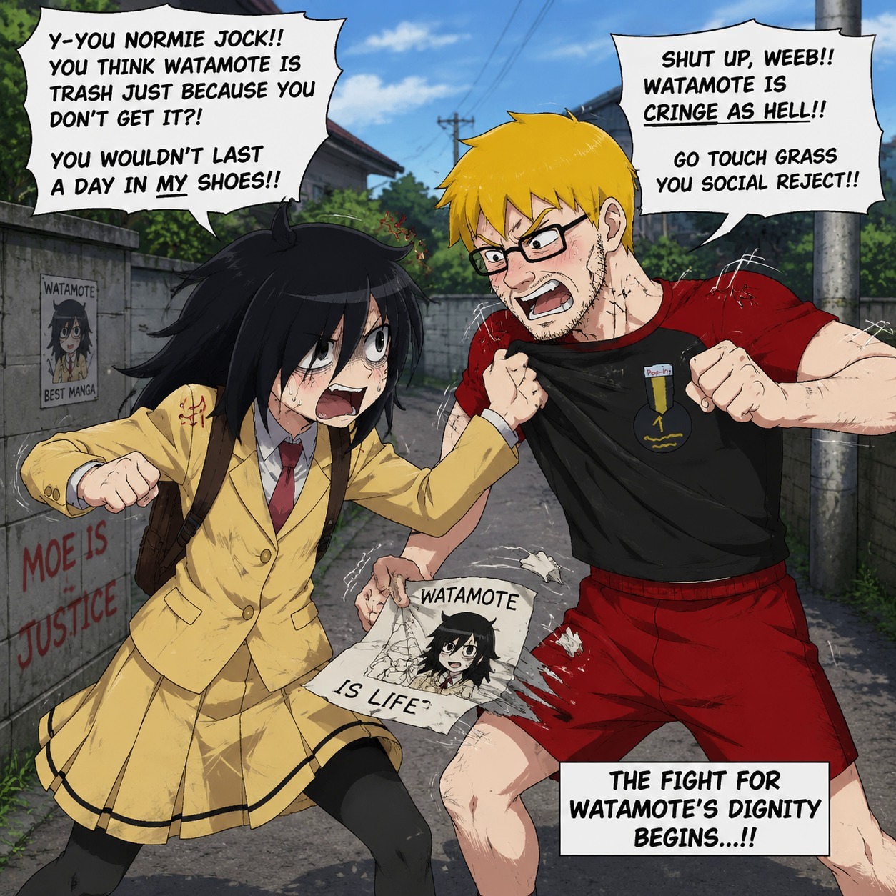 nate higgers, tomoko kuroki, soyak, natejak, anger, anime, anime girl, arguing, award, black hair