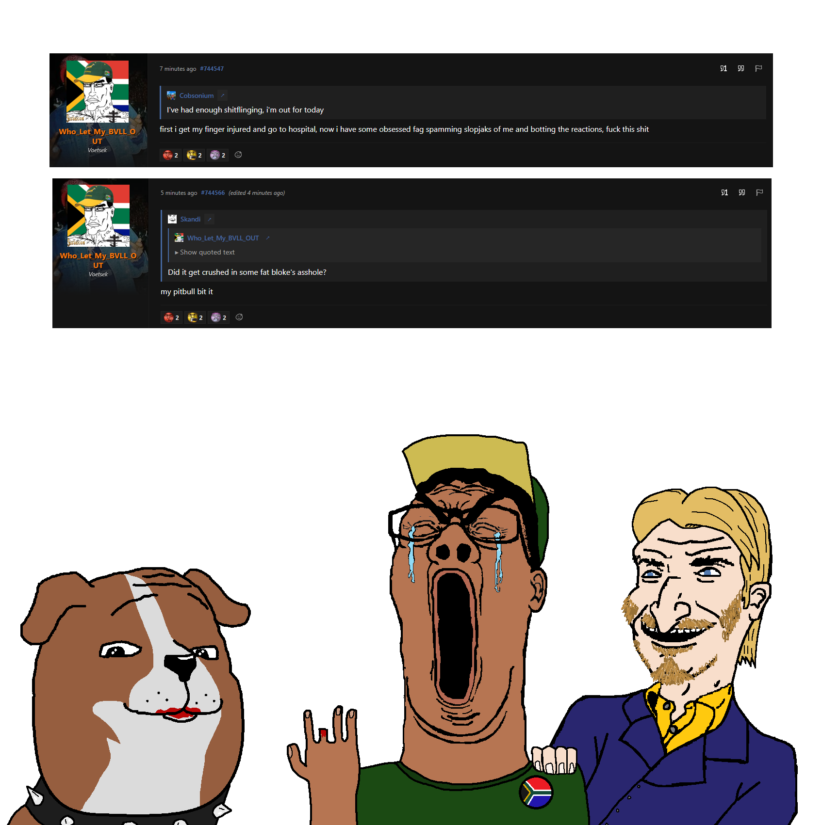 australian shitposter, chudjak, gapejak, reaction soyjak, gapedog, wholesome soyjak, fusionjaks, animal, black hair, blonde hair