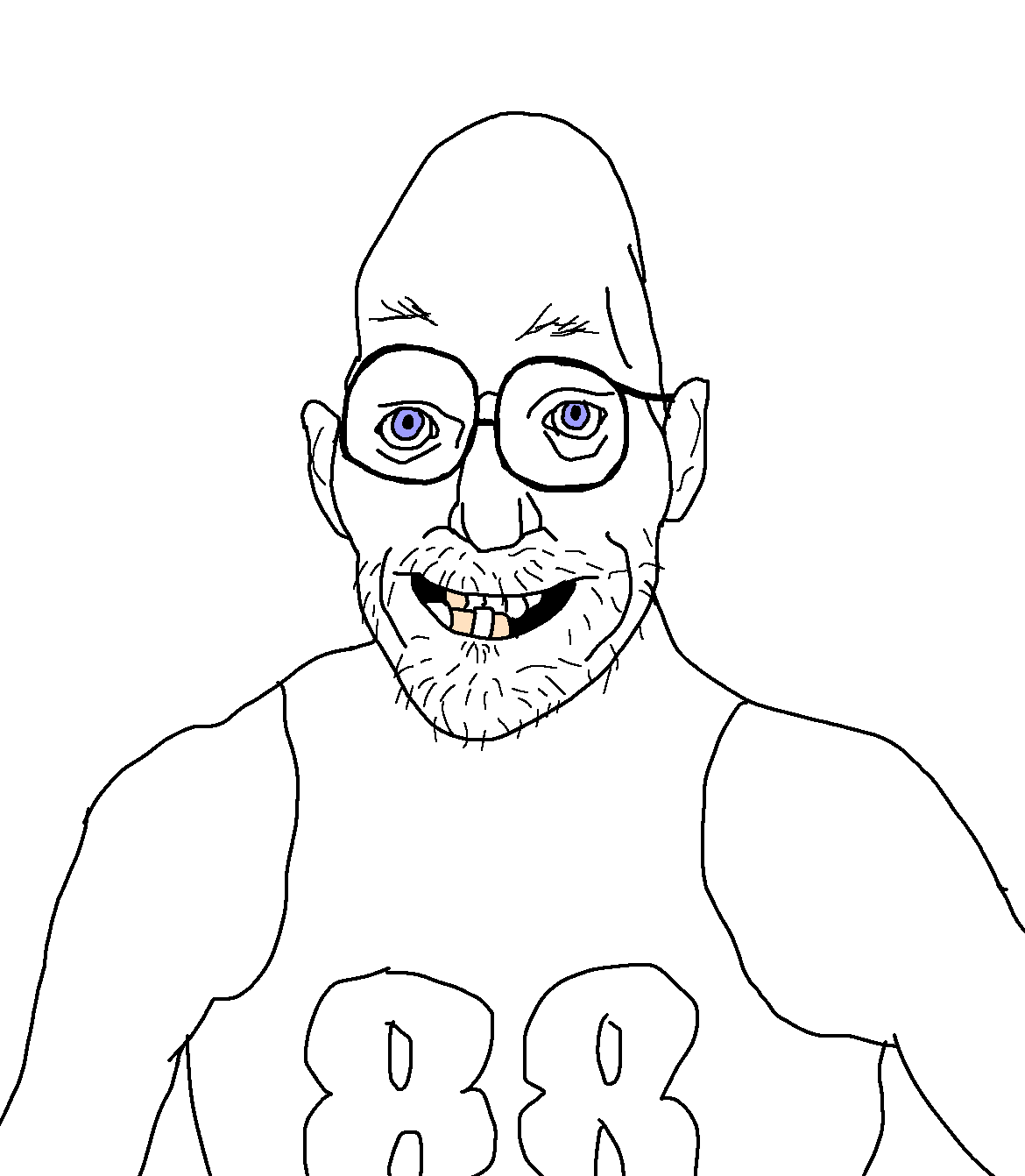 catboyhitler, unknown, 1soyjak, 88, bald, blue eyes, front view, fucked up teeth, glasses, half body