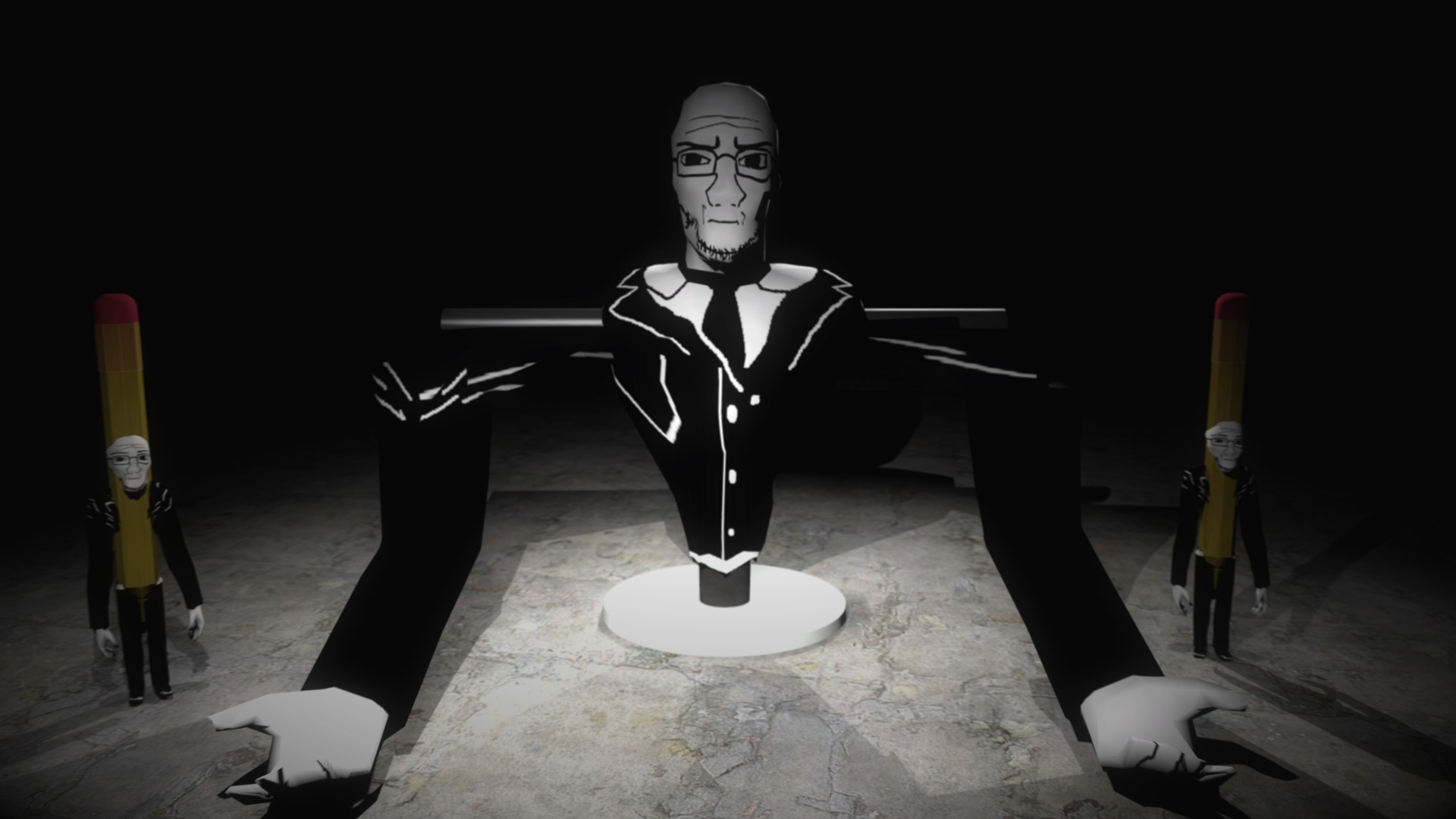 soyak, soyak (irritated), bald, black background, black eyes, closed mouth, clothes, eraser, front view, glasses