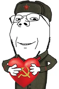 gapejak, wholesome soyjak, almost full body, beard, clothes, communism, glasses, hat, heart, nose