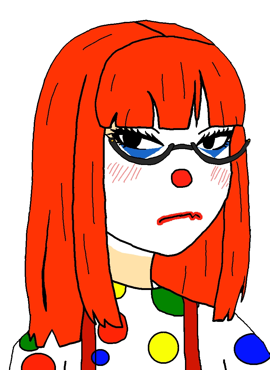 soychang, soytan, asian, asian female, blush, brapped comment section☣️☣️☣️ do not enter☣️☣️☣️, clothes, clown, clown makeup, clown nose