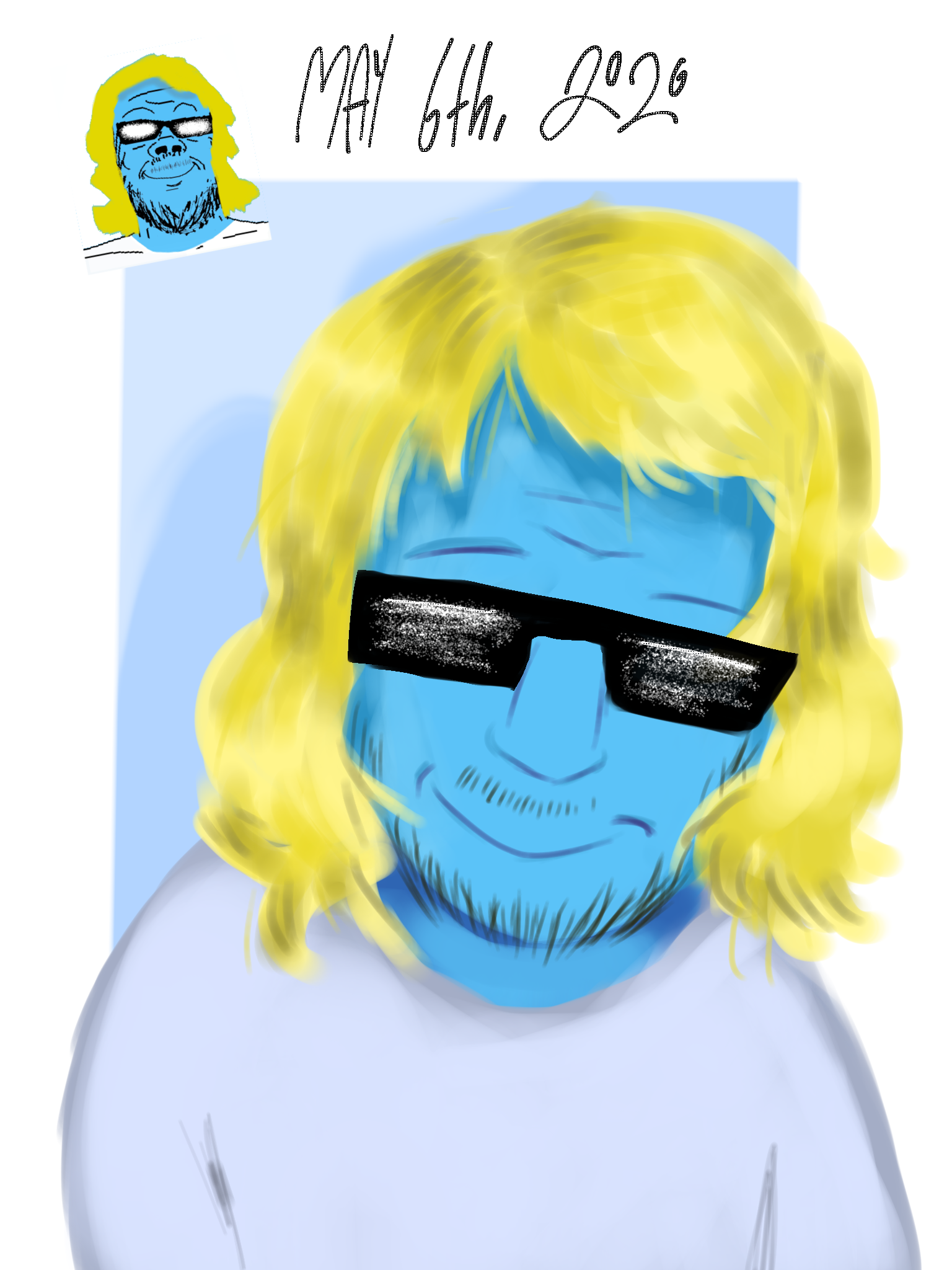 vale, a24 slowburn soyjak, /calm/, 1soyjak, artwork, beard, black glasses, blonde hair, blue background, blue skin