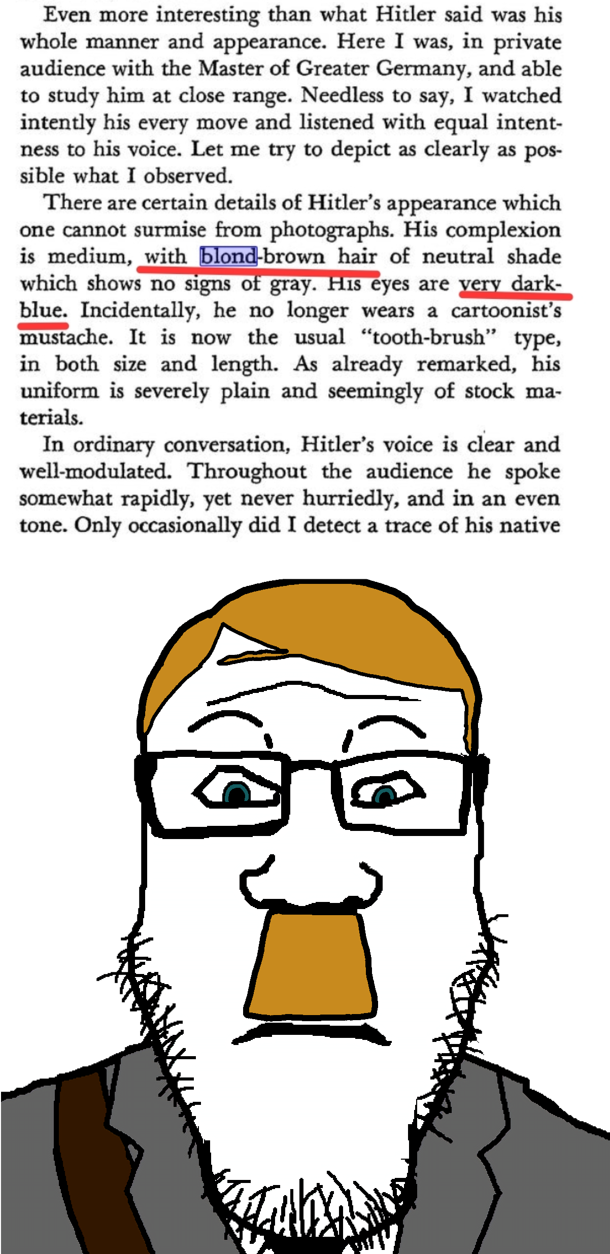 markiplier soyjak, neutralplier, 1soyjak, adolf hitler, beard, blonde hair, blue eyes, book, closed mouth, clothes