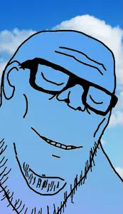 stu, blue skin, calm, closed eyes, ear, glasses, irl background, sky, smile, soyjak