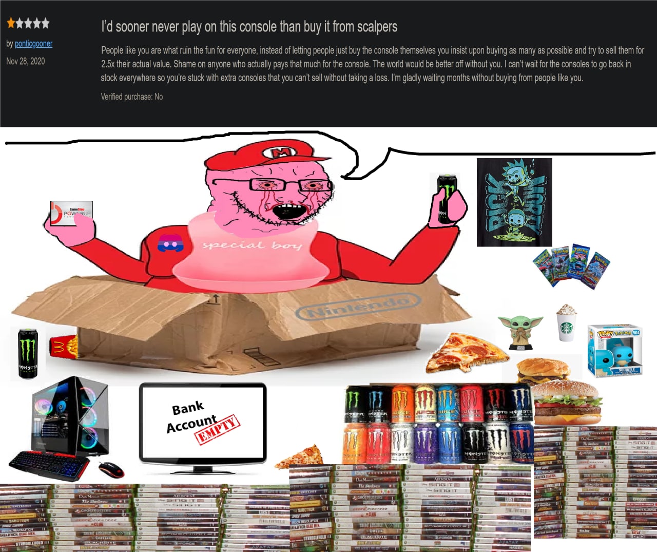 mario, squirtle, soyak, arm, baby yoda, bank, blood, bloodshot eyes, box, can