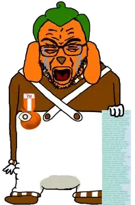 rupturejak, full body rupturejak, 1soyjak, animal, approver, arm, brown shirt, button, closed eyes, clothes