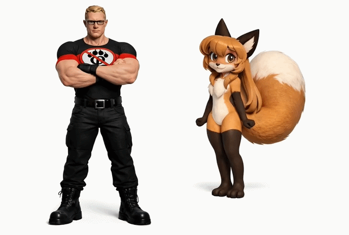 averi, chudjak, chudjak front, muscular chud, animated, anthro, anti furry, anti furry commando, cute, fiddleafox