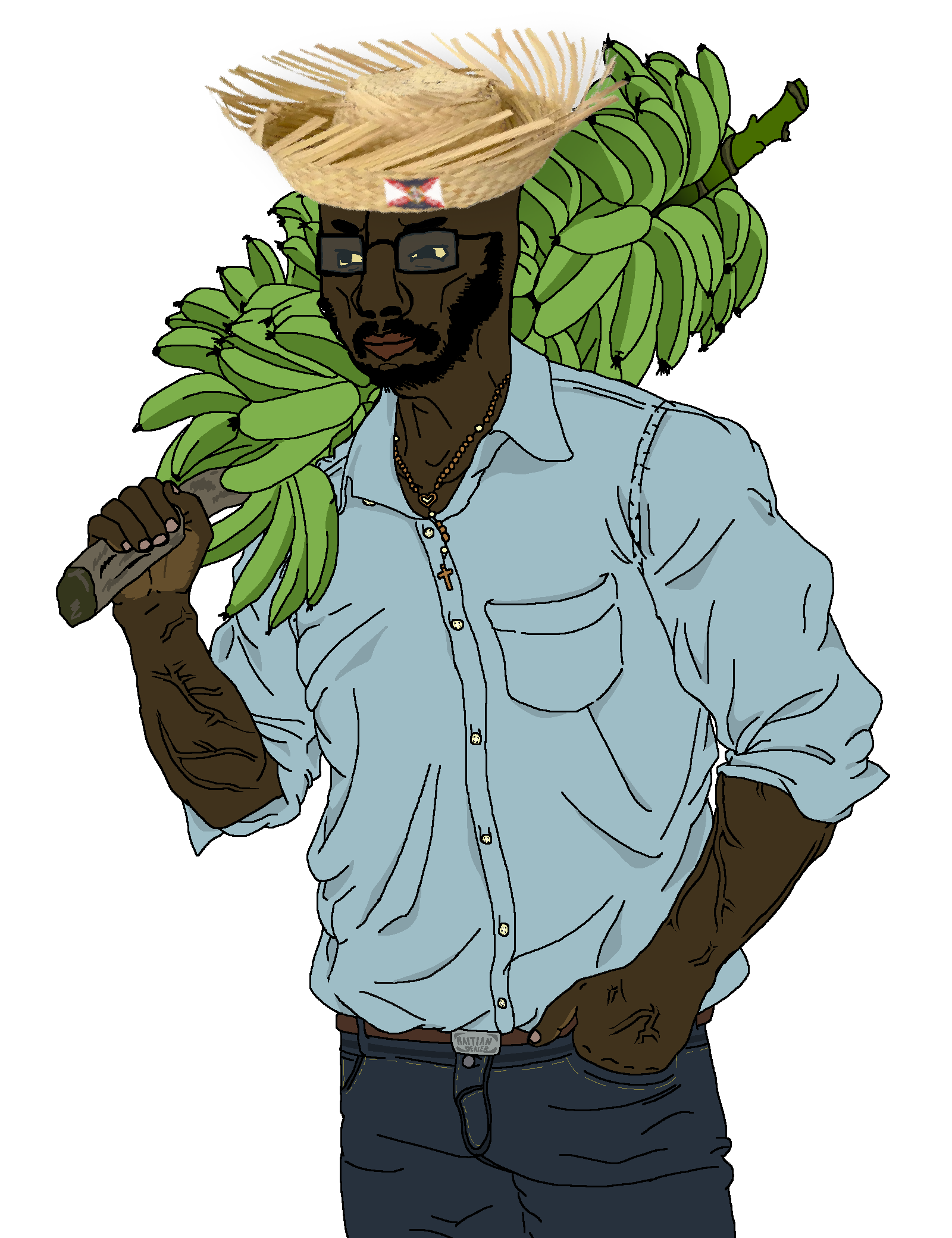 chudjak, muscular chud2, 1soyjak, bald, banana, belt, black eyes, black hair, black skin, blue glasses
