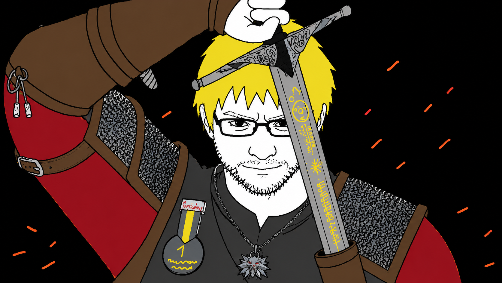 nate higgers, soyak, natejak, 1soyjak, armor, beard, black background, black eyes, black glasses, blonde hair