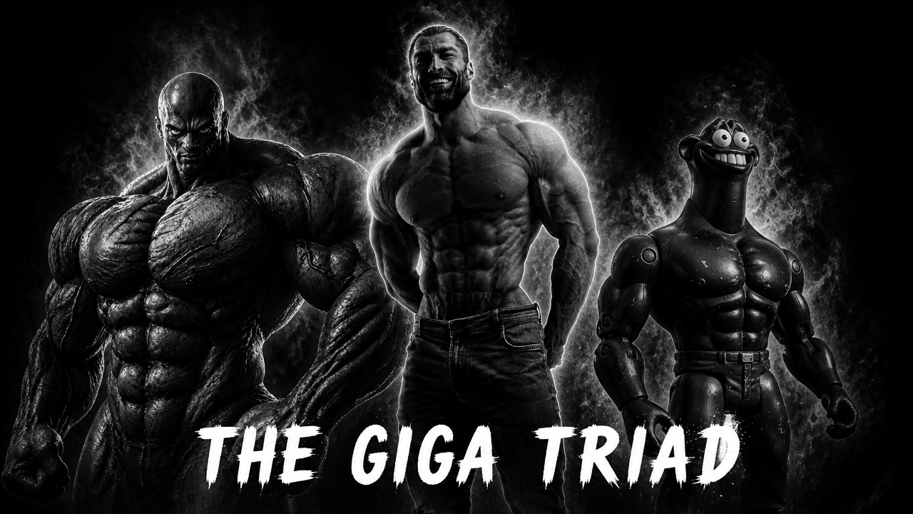 gigaboy, gigachad, gigaferatu, anime, aura, bald, black background, black skin, buff, closed mouth