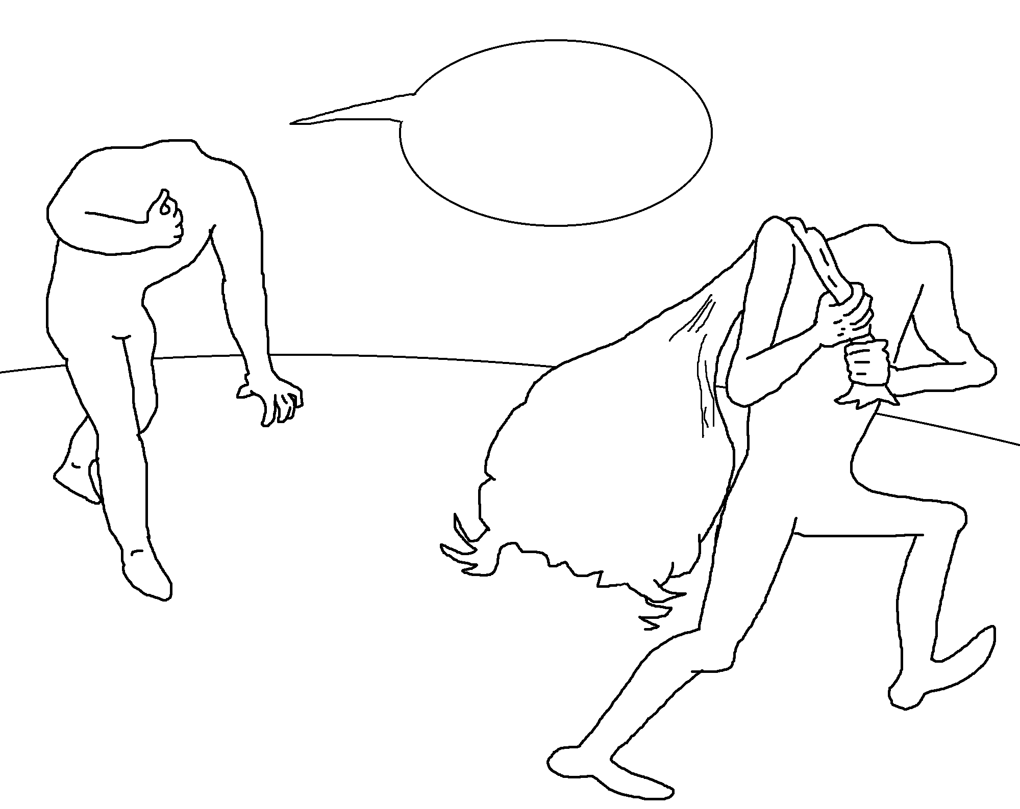 unknown, 2soyjaks, bag, caricature, front view, full body, headless, holding object, no eyes, no glasses