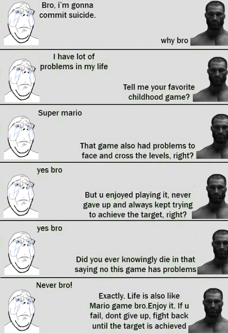 conservativewaluigi, gigachad, mario, gapejak, wholesome soyjak, beard, closed mouth, crying, english text, glasses