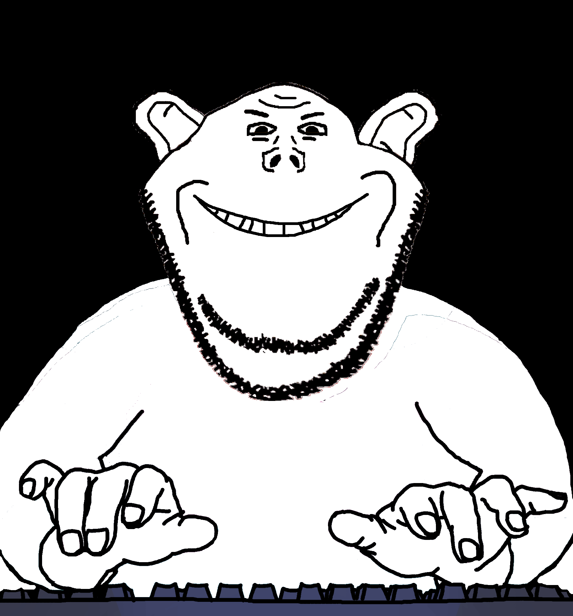 impish soyak ears, mcdonalds typing cobson, 1soyjak, bald, black background, black eyes, closed mouth, fat, front view, half body