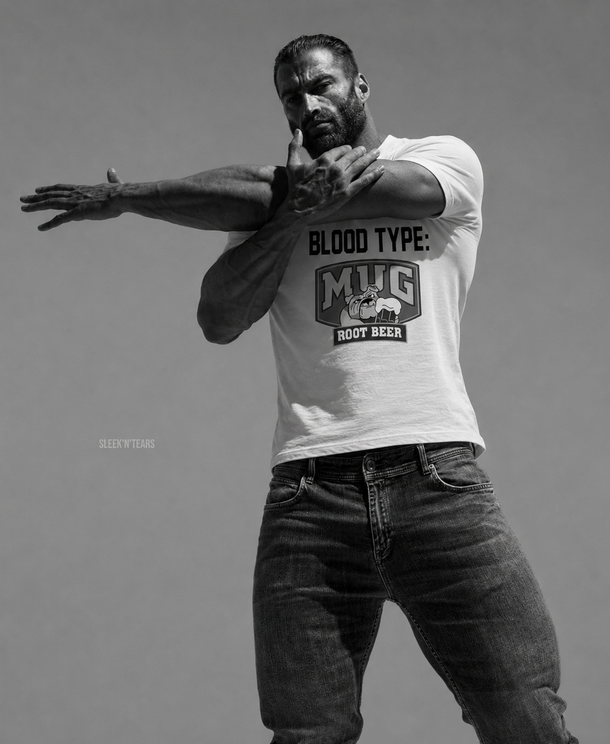 sisa9000, gigachad, beard, ear, full body, gray background, gray skin, jeans, looking at you, mug root beer
