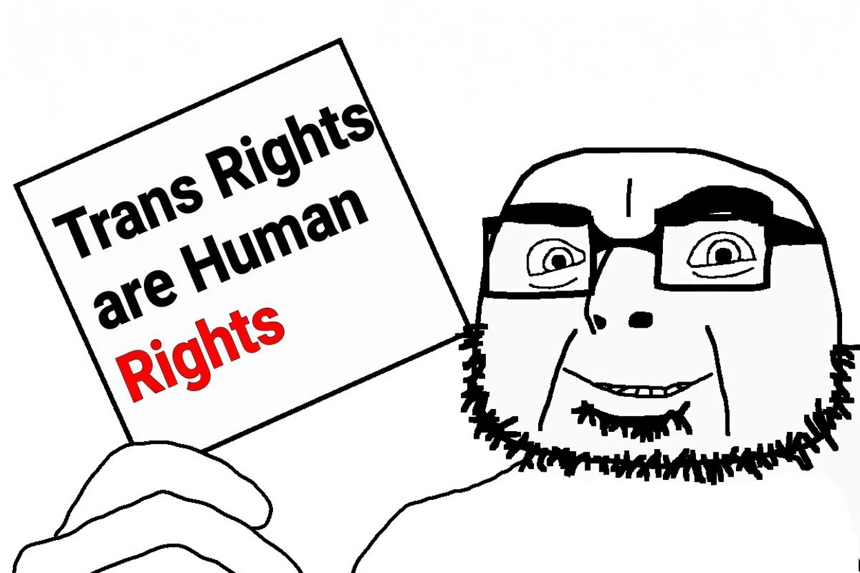 cobson, olgolstein, bald, beard, front view, glasses, half body, half open mouth, looking at you, olgol says trans rights