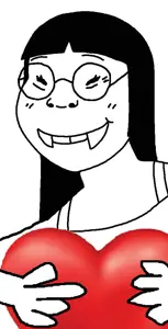 soykio kid, soykio girl, femjak, 1soyjak, black hair, closed eyes, closed mouth, clothes, fangs, female