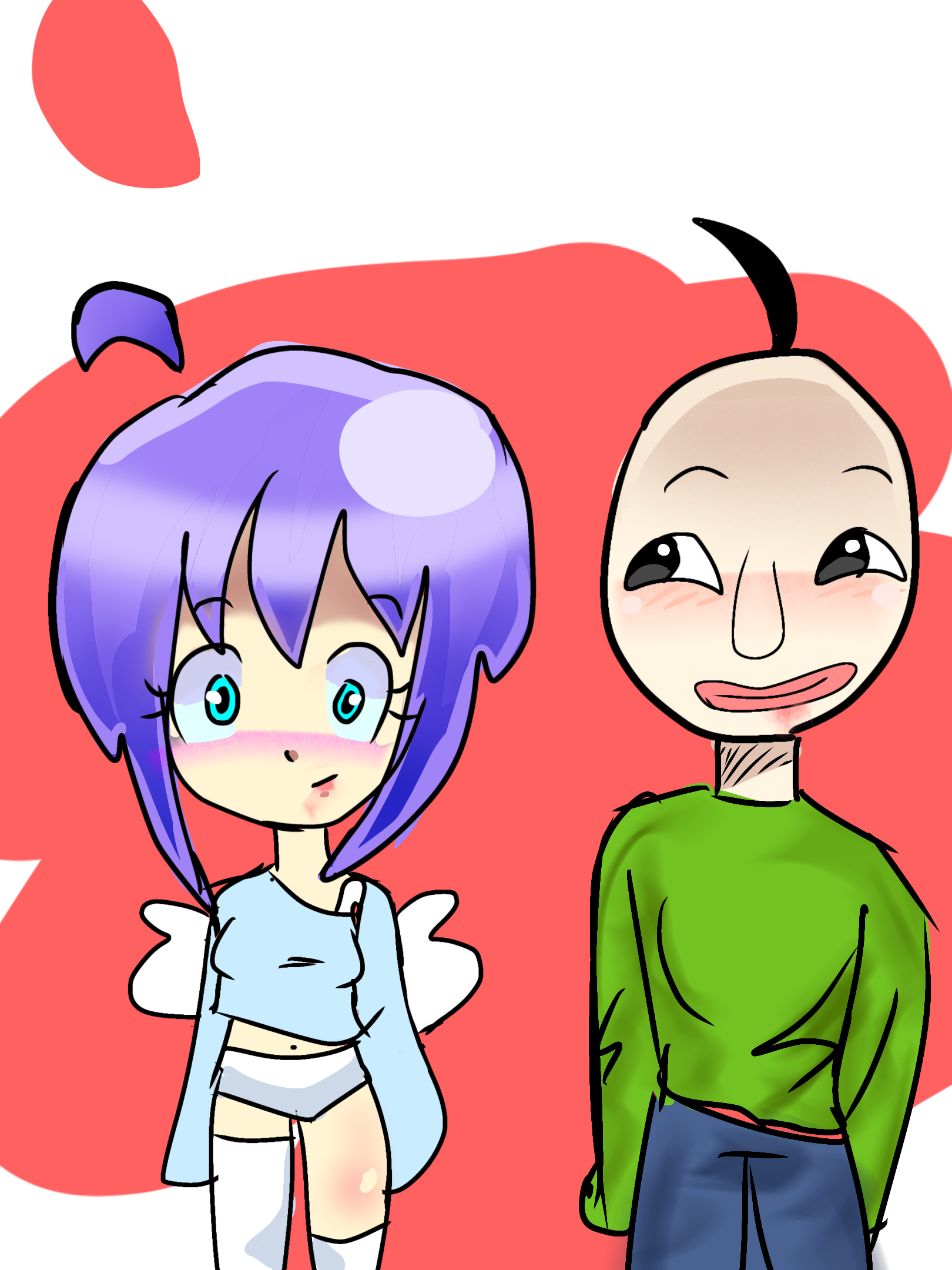 greckle, angel wings, bald, blue eyes, blush, clothes, green shirt, hair, pants, purple hair