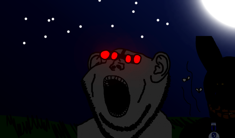 springtrap, impish, impish soyak ears, markiplier soyjak, neutralplier, 2soyjaks, bald, black eyes, black skin, field