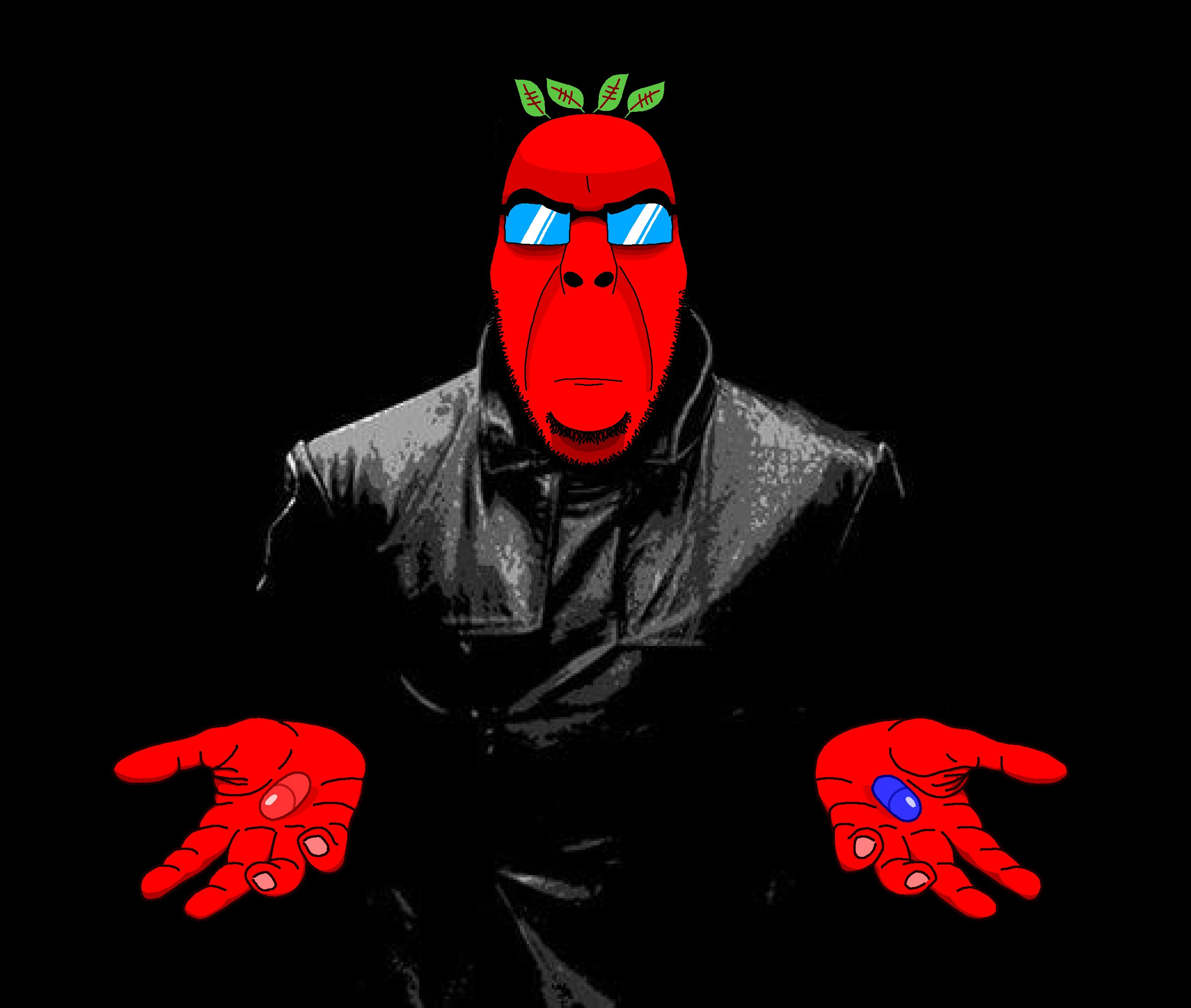 cobson, cobson front2, admin, beetroot, black background, blue glasses, blue pill, bushy eyebrows, closed mouth, clothes