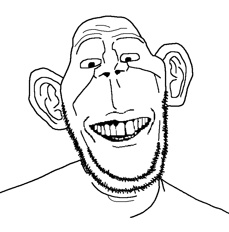 britson, 1soyjak, bald, black eyes, closed mouth, ear, front view, glasses, good teeth, grin