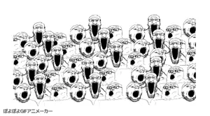 gapejak, markiplier soyjak, tony soprano soyjak, soyjak trio, animated, black eyes, glasses, monochrome, open mouth, poyopoyo