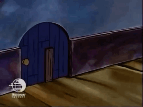 greenfag, impish soyak ears, 1soyjak, animated, back view, bald, black eyes, catdog, closed mouth, door