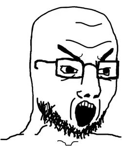 chudjak, chudjak but ias, 1soyjak, angry, bald, beard, eyebrows, glasses, looking to the right, nose