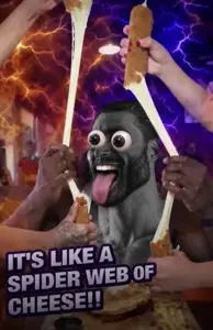 gigachad, gigafied gifs, beard, cheese, food, gray skin, meme, not a soyjak, oh my god its like a spiderweb of cheese