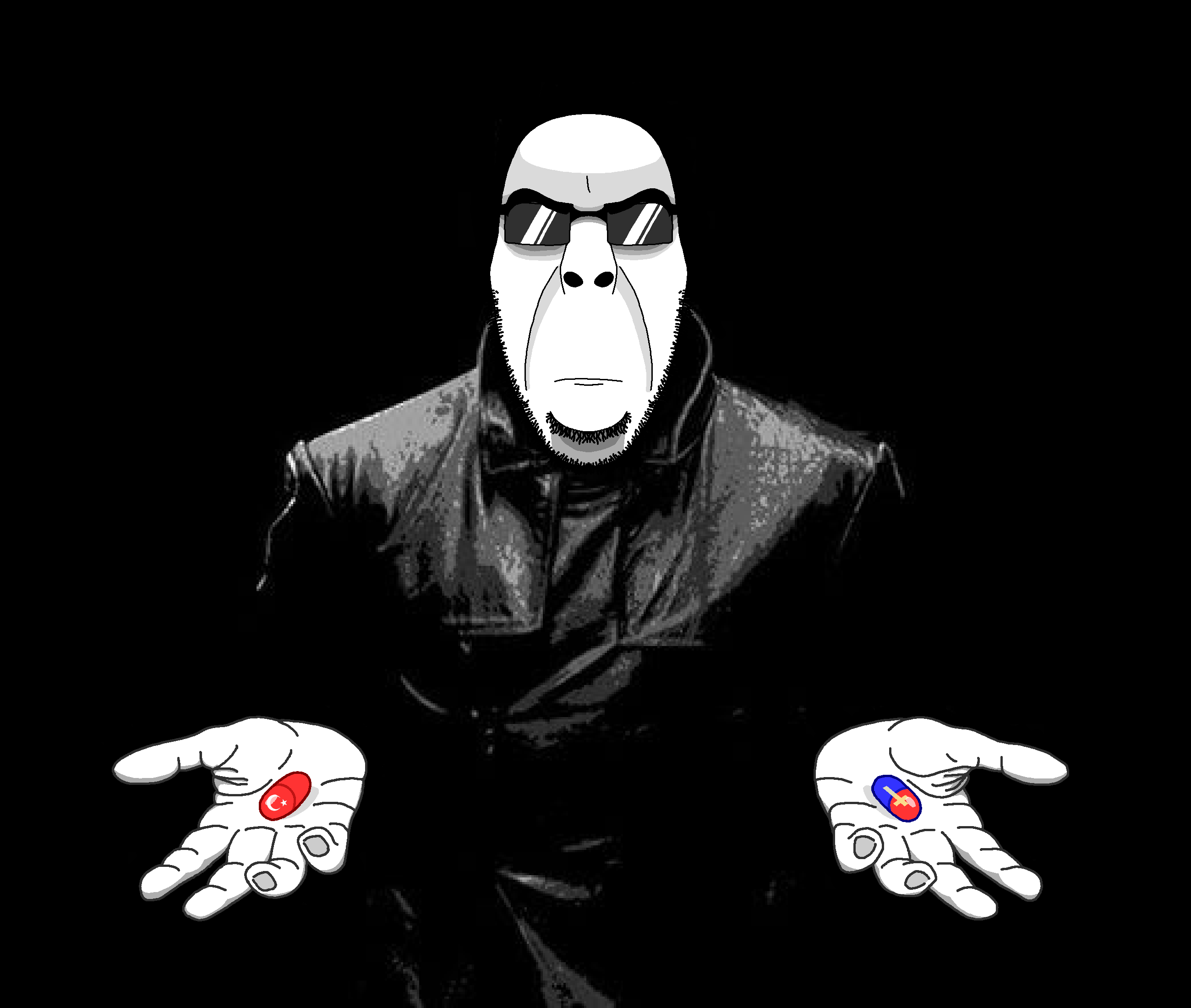 cobson, cobson front2, bald, black background, blue pill, bushy eyebrows, christian cross, christianity, christpilled, closed mouth