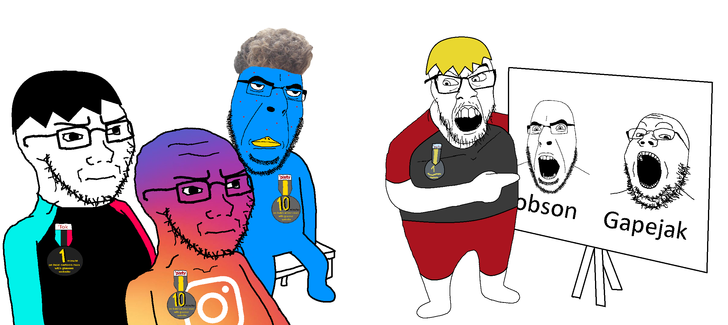 nate higgers, cobson, feraljak, gapejak, soyak, soyak (irritated), natejak, 1 year on bald men with glasses website, animal, bald