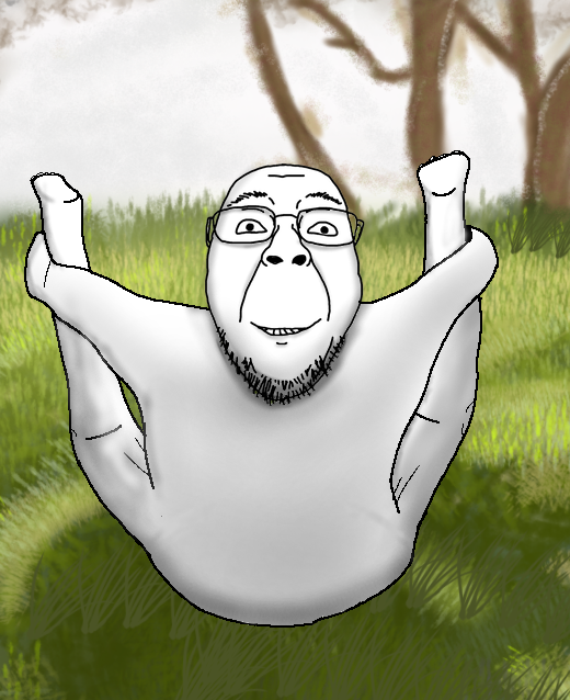 bernd, 1soyjak, closed mouth, drawn background, eyebrows, feet, front view, full body, glasses, grass