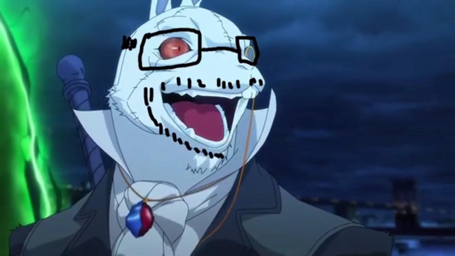 unknown, animal, devil may cry anime (2025), drawn background, fur, furry, glasses, laughing, looking to the right, monocle