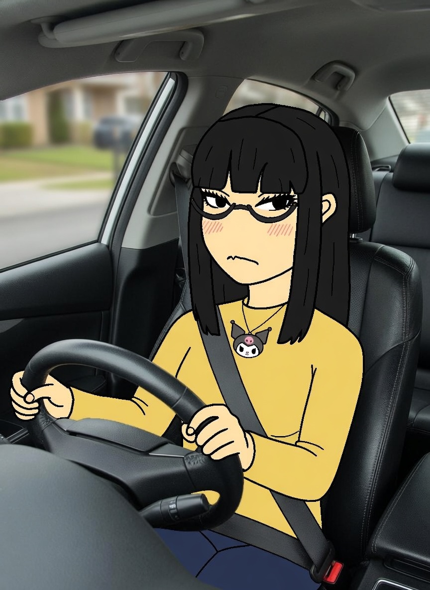 kuromi (sanrio), soychang, soytan, black hair, car, closed mouth, driving, ear, glasses, hair